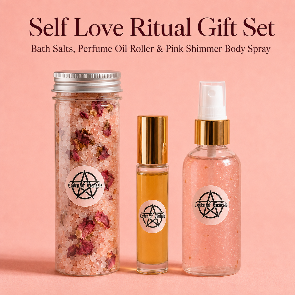 Self Love Ritual Gift Set | Bath Salts, Perfume Oil Roller & Pink Shimmer Body Spray