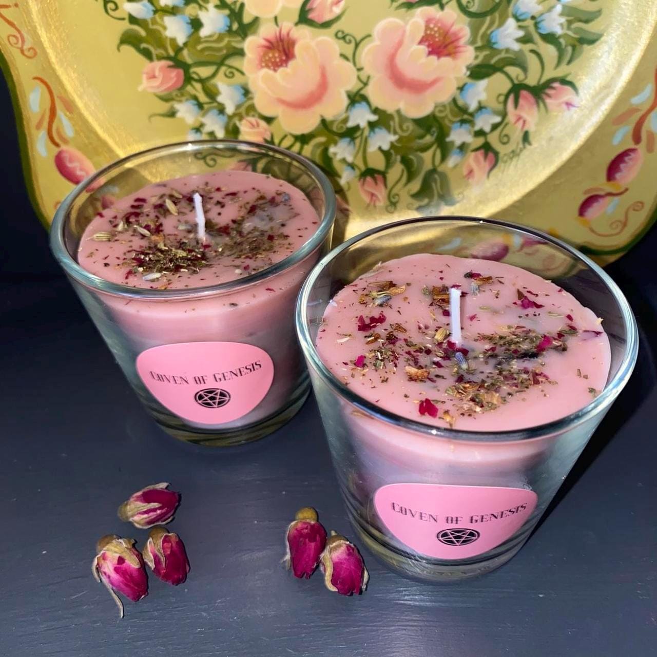 Floral Self Love Candle, Pink Herbal Ritual Candle, Altar Decor