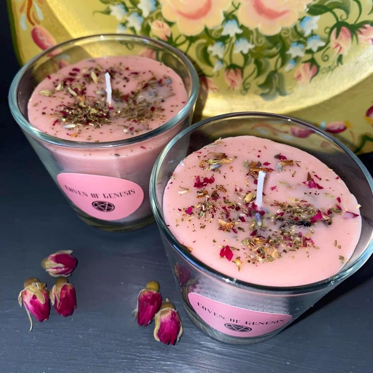 Floral Self Love Candle, Pink Herbal Ritual Candle, Altar Decor